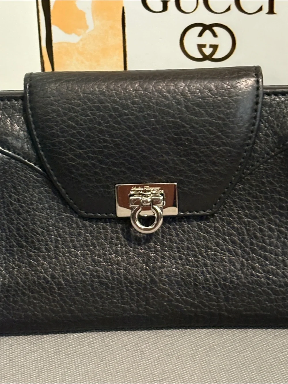 Salvatore Ferragamo Black Leather Continental Wallet with Silver Tone Hardware